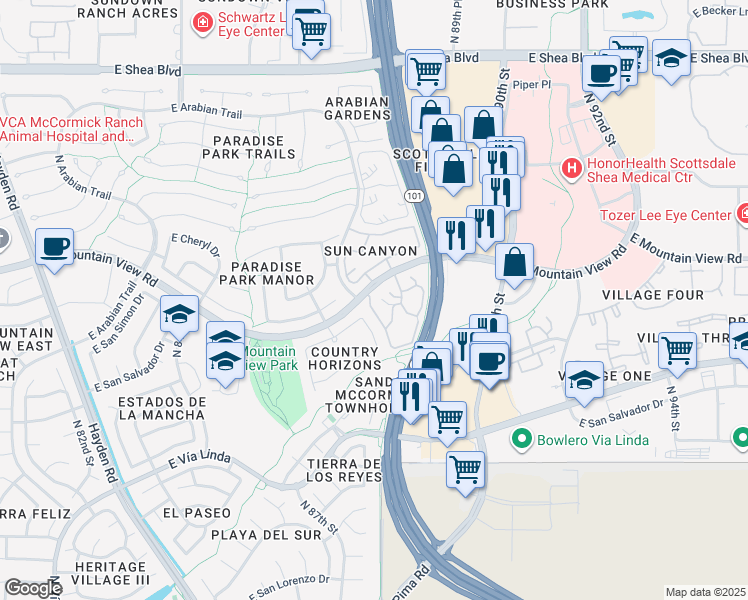 map of restaurants, bars, coffee shops, grocery stores, and more near 8787 East Mountain View Road in Scottsdale