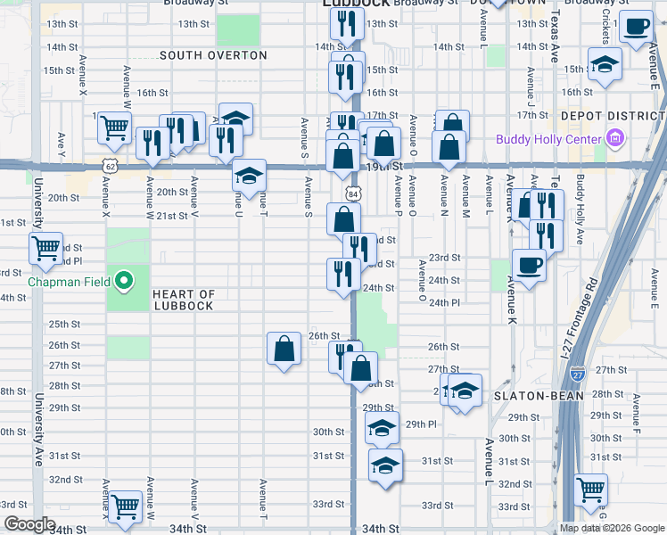 map of restaurants, bars, coffee shops, grocery stores, and more near 2202 Avenue Q in Lubbock
