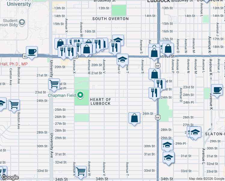 map of restaurants, bars, coffee shops, grocery stores, and more near 2111 22nd Street in Lubbock