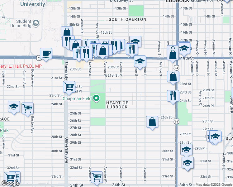 map of restaurants, bars, coffee shops, grocery stores, and more near 2205 22nd Street in Lubbock