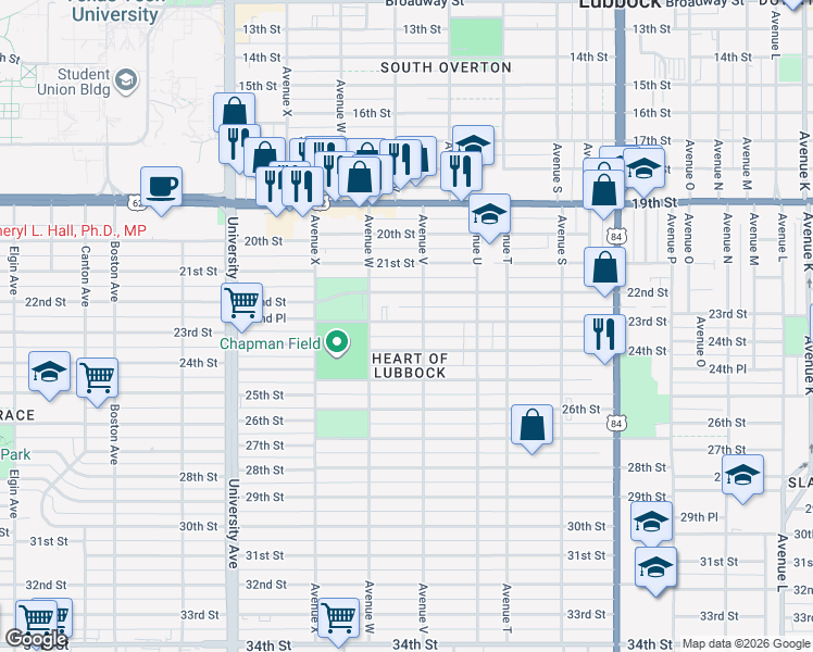 map of restaurants, bars, coffee shops, grocery stores, and more near 2205 22nd Street in Lubbock
