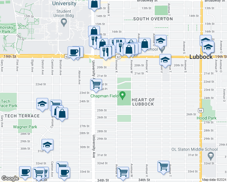 map of restaurants, bars, coffee shops, grocery stores, and more near 2409 22nd Street in Lubbock