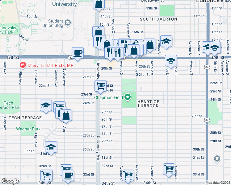 map of restaurants, bars, coffee shops, grocery stores, and more near 2409 22nd Street in Lubbock