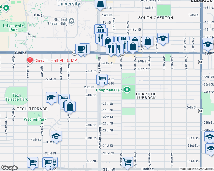map of restaurants, bars, coffee shops, grocery stores, and more near 2425 22nd Street in Lubbock