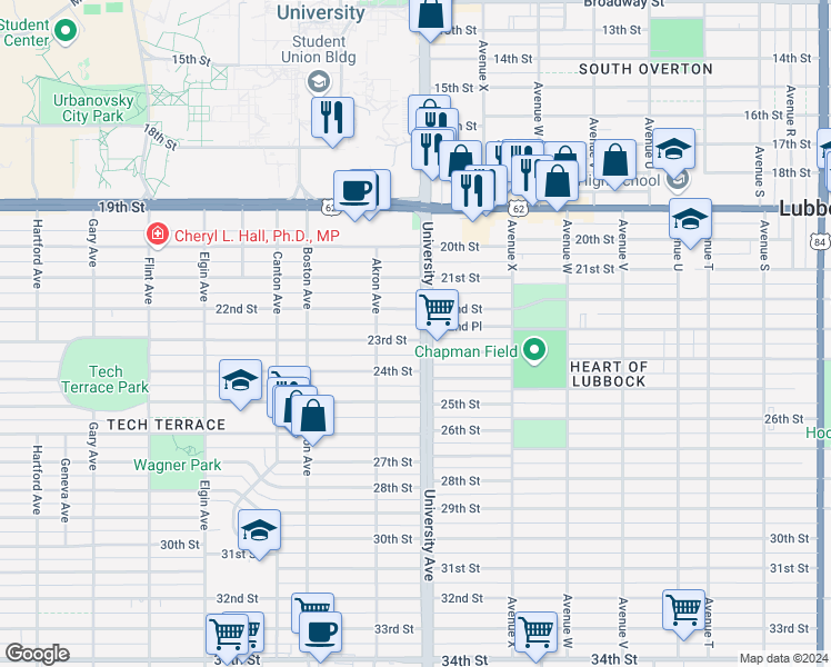 map of restaurants, bars, coffee shops, grocery stores, and more near 2505 22nd Street in Lubbock