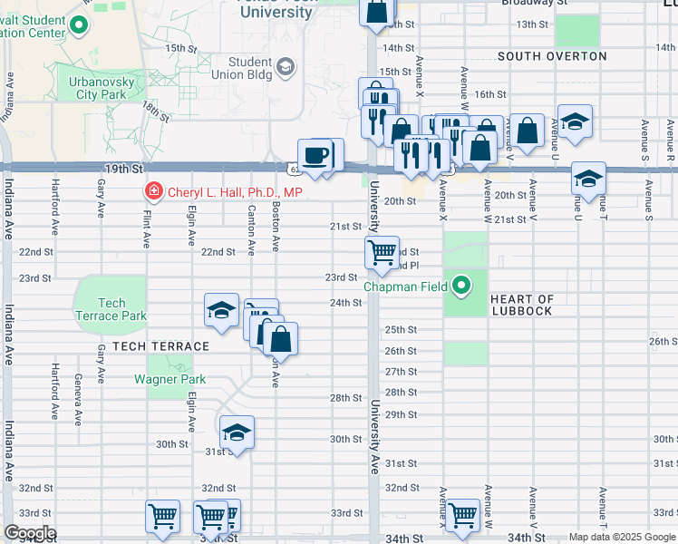 map of restaurants, bars, coffee shops, grocery stores, and more near 2521 22nd Street in Lubbock