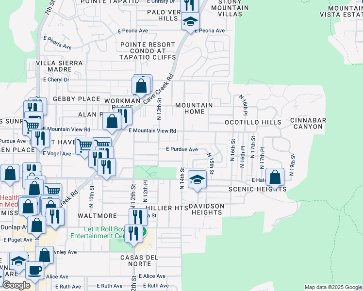map of restaurants, bars, coffee shops, grocery stores, and more near 1321 East Mountain View Road in Phoenix