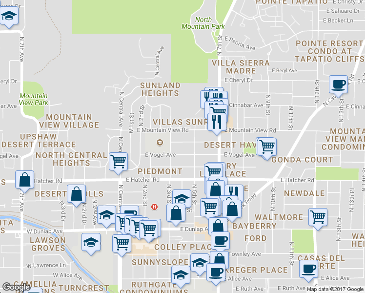 map of restaurants, bars, coffee shops, grocery stores, and more near 332 East Purdue Avenue in Phoenix