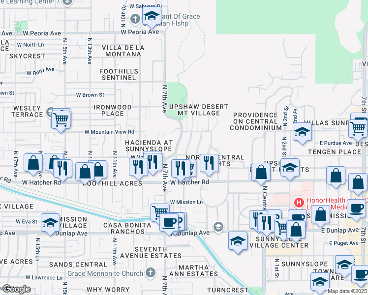 map of restaurants, bars, coffee shops, grocery stores, and more near 9630 North 7th Avenue in Phoenix