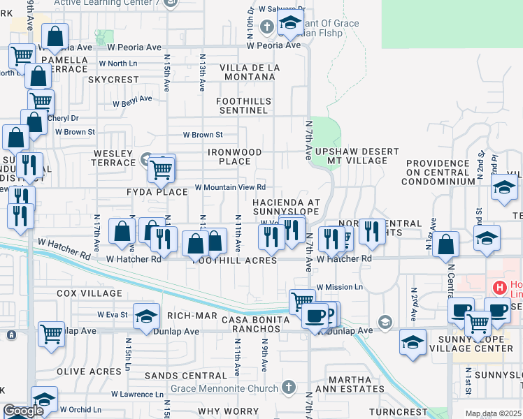 map of restaurants, bars, coffee shops, grocery stores, and more near 9638 North 10th Avenue in Phoenix
