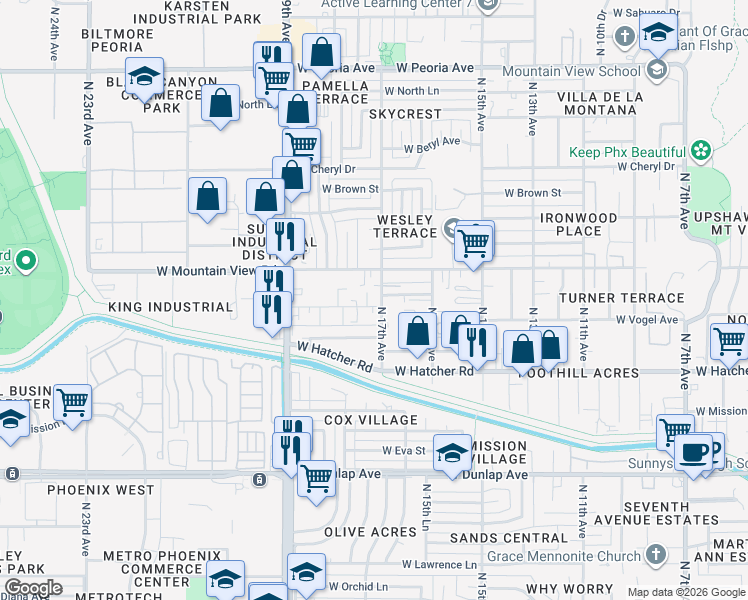 map of restaurants, bars, coffee shops, grocery stores, and more near 1709 West Mountain View Road in Phoenix