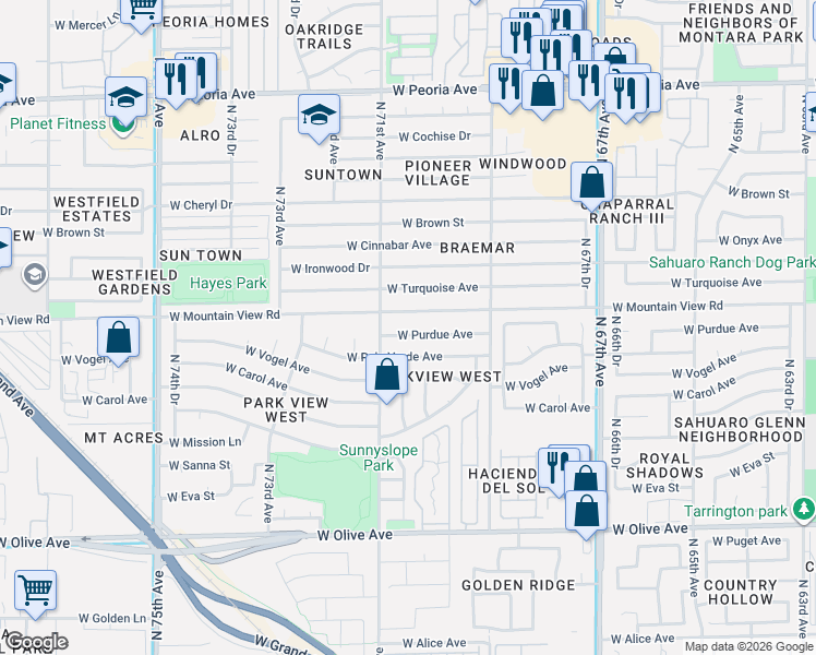 map of restaurants, bars, coffee shops, grocery stores, and more near 7034 West Mountain View Road in Peoria