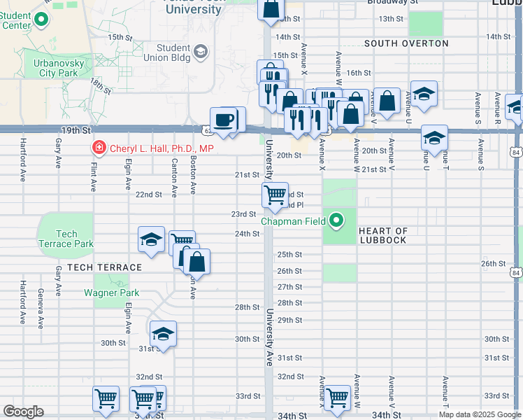 map of restaurants, bars, coffee shops, grocery stores, and more near 2505 22nd Street in Lubbock