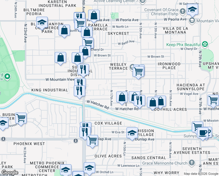 map of restaurants, bars, coffee shops, grocery stores, and more near 1709 West Mountain View Road in Phoenix