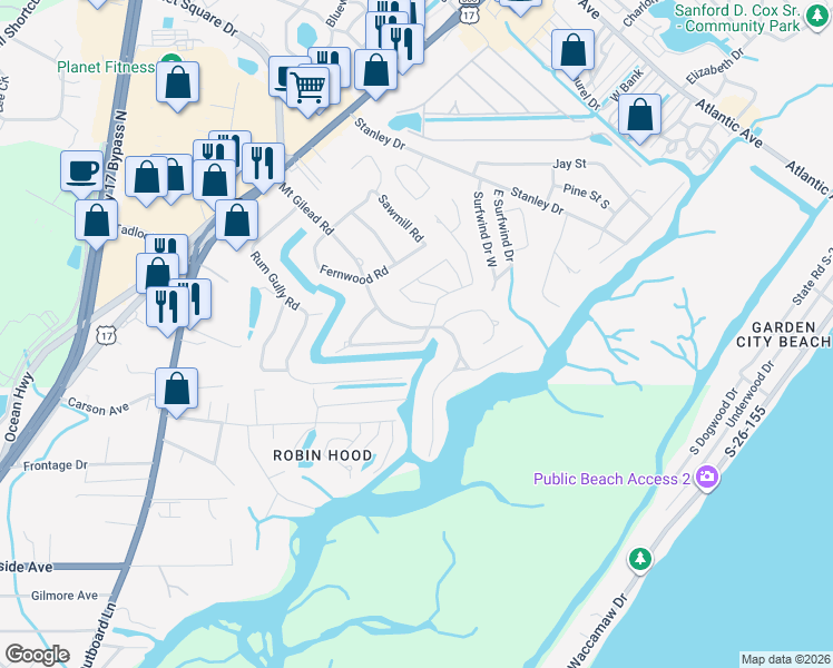 map of restaurants, bars, coffee shops, grocery stores, and more near 888 Kittiwake Lane in Murrells Inlet