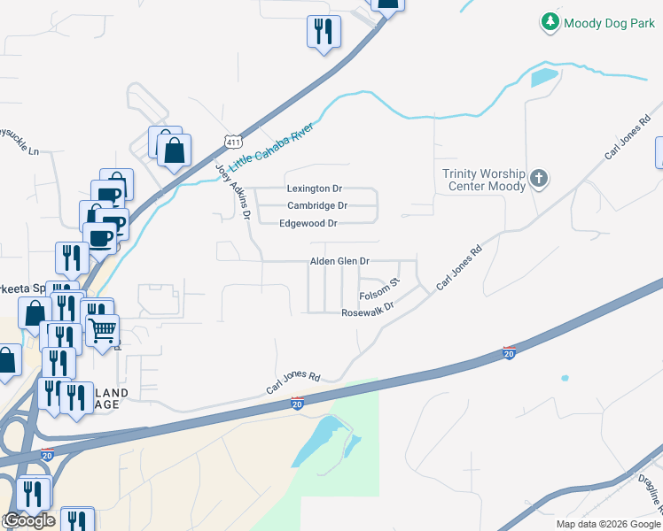 map of restaurants, bars, coffee shops, grocery stores, and more near 5036 Bella Court in Moody