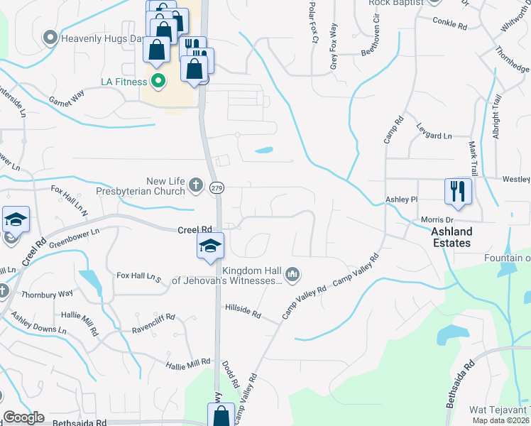 map of restaurants, bars, coffee shops, grocery stores, and more near 2337 Creel Road in College Park