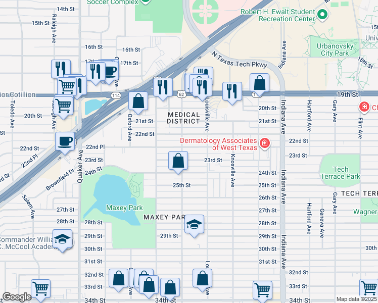 map of restaurants, bars, coffee shops, grocery stores, and more near 3715 22nd Place in Lubbock