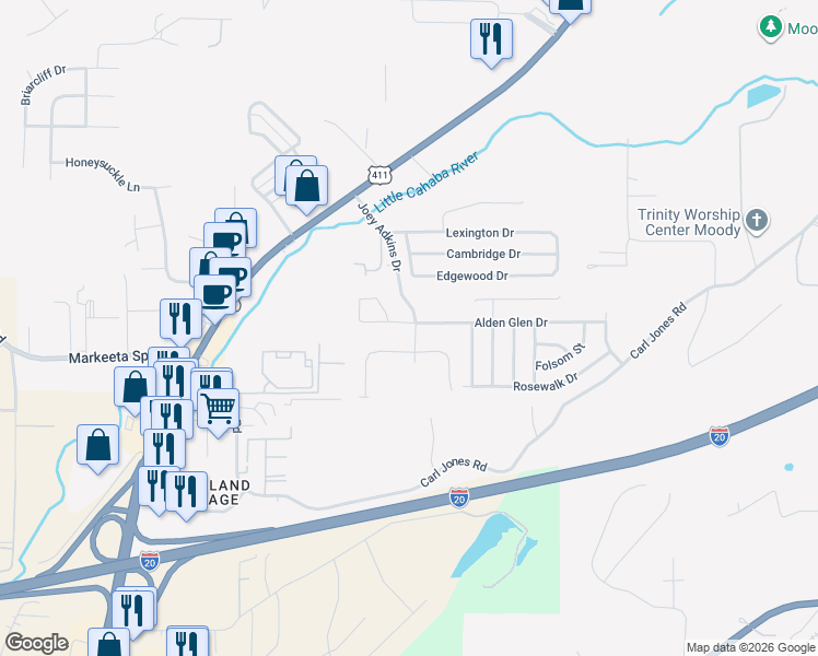 map of restaurants, bars, coffee shops, grocery stores, and more near 2519 Joey Adkins Drive in Moody