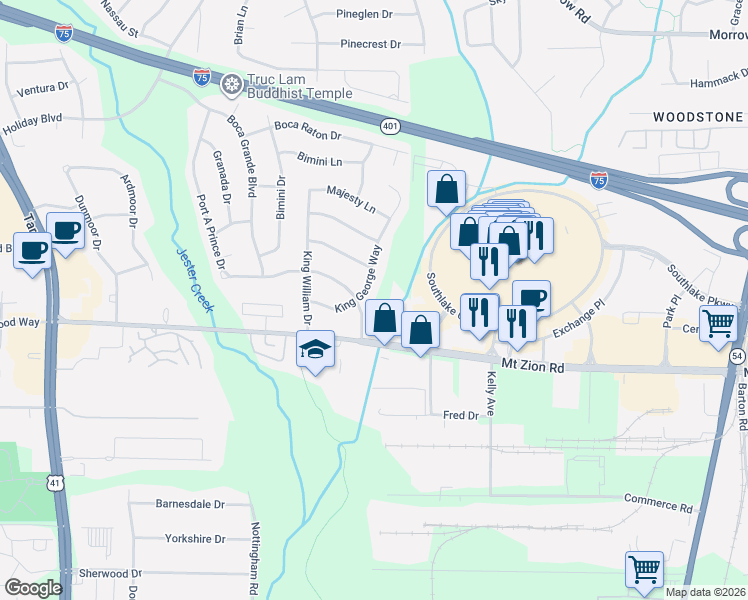 map of restaurants, bars, coffee shops, grocery stores, and more near 6593 King George Way in Morrow