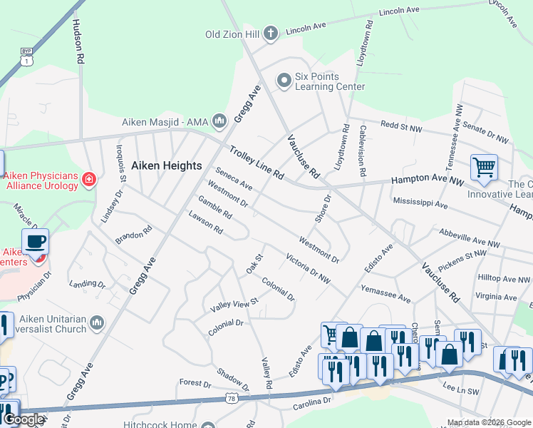 map of restaurants, bars, coffee shops, grocery stores, and more near 3427 Seneca Avenue in Aiken