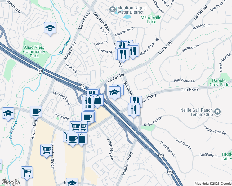 map of restaurants, bars, coffee shops, grocery stores, and more near 26701 Quail Creek in Laguna Hills