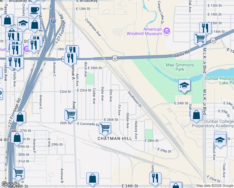 map of restaurants, bars, coffee shops, grocery stores, and more near 2306 Fir Avenue in Lubbock