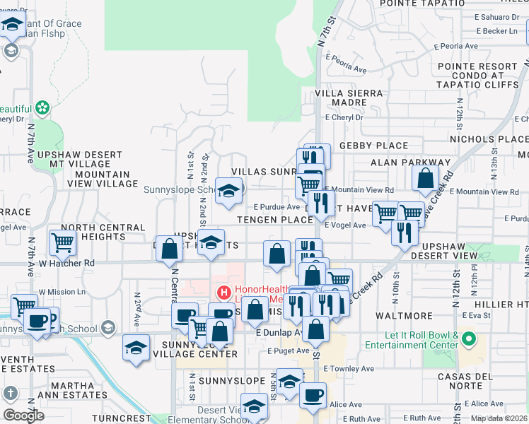 map of restaurants, bars, coffee shops, grocery stores, and more near 323 East Purdue Avenue in Phoenix