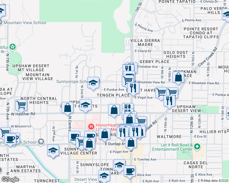 map of restaurants, bars, coffee shops, grocery stores, and more near 332 East Purdue Avenue in Phoenix