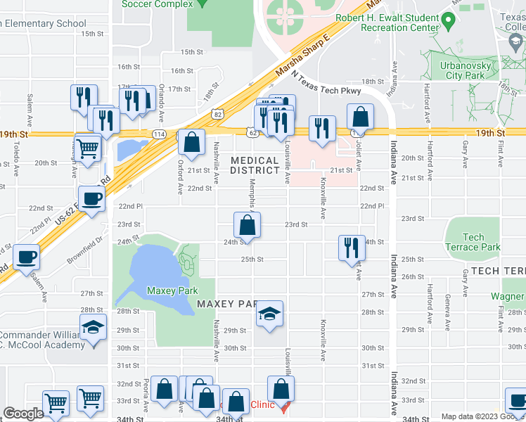 map of restaurants, bars, coffee shops, grocery stores, and more near 3713 22nd Place in Lubbock