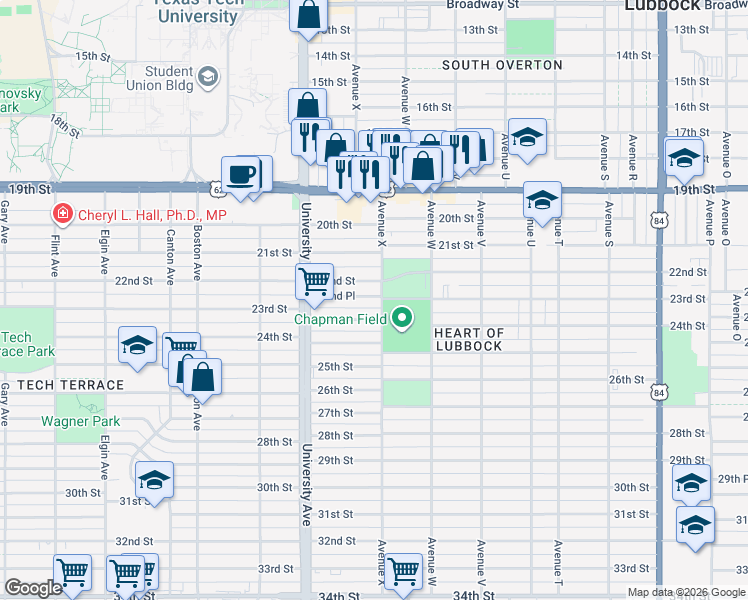map of restaurants, bars, coffee shops, grocery stores, and more near 2409 22nd Street in Lubbock