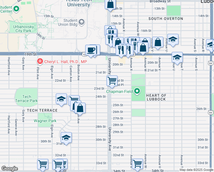 map of restaurants, bars, coffee shops, grocery stores, and more near 2505 22nd Street in Lubbock