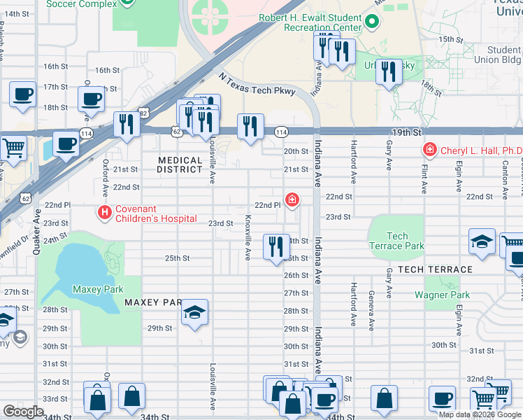 map of restaurants, bars, coffee shops, grocery stores, and more near 3516 22nd Place in Lubbock