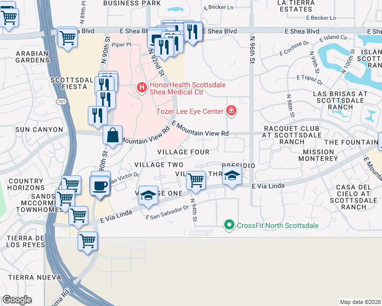 map of restaurants, bars, coffee shops, grocery stores, and more near 9378 East Purdue Avenue in Scottsdale