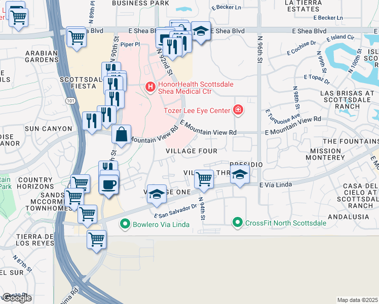 map of restaurants, bars, coffee shops, grocery stores, and more near 9675 North 93rd Way in Scottsdale