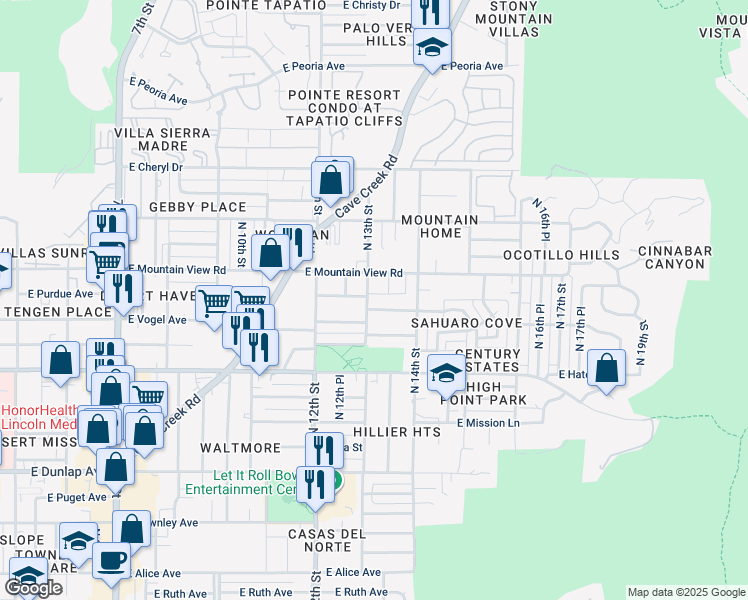 map of restaurants, bars, coffee shops, grocery stores, and more near 1251 East Mountain View Road in Phoenix