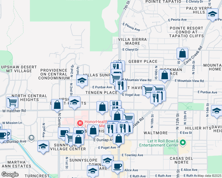 map of restaurants, bars, coffee shops, grocery stores, and more near 520 East Purdue Avenue in Phoenix