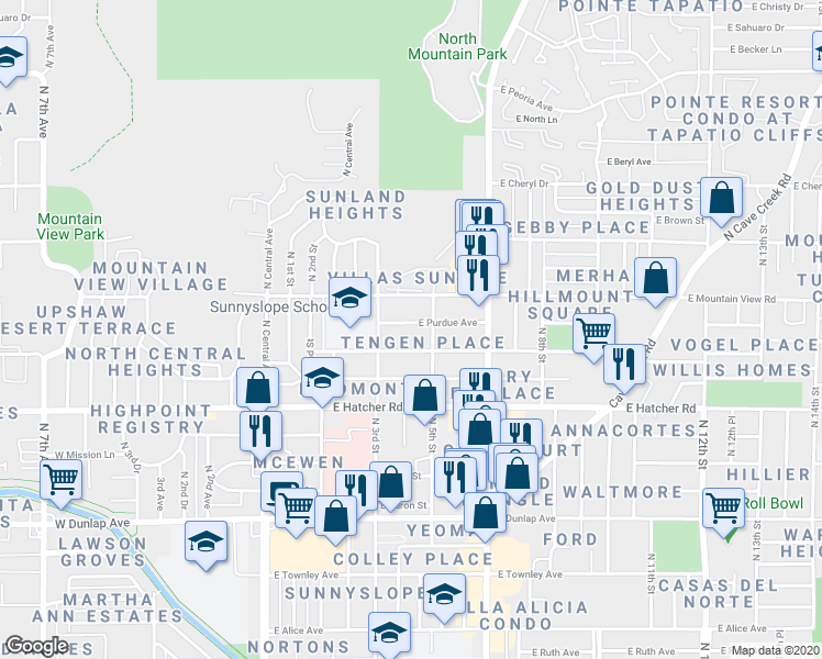 map of restaurants, bars, coffee shops, grocery stores, and more near 332 East Purdue Avenue in Phoenix