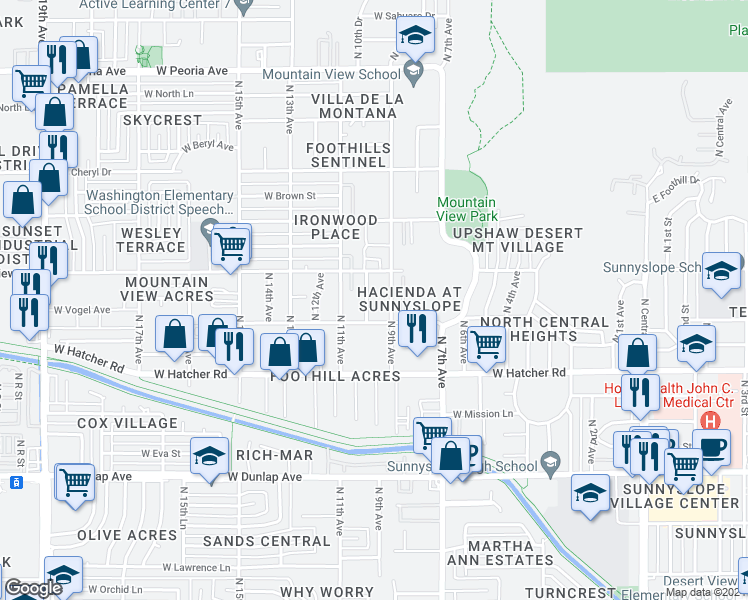 map of restaurants, bars, coffee shops, grocery stores, and more near 9638 North 10th Avenue in Phoenix