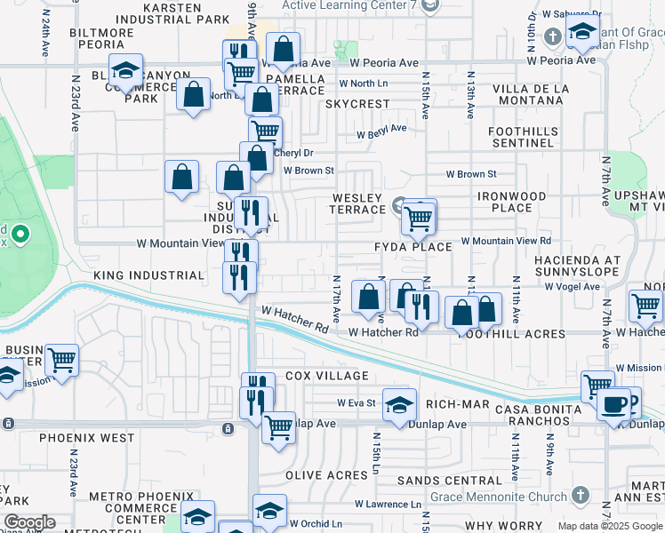 map of restaurants, bars, coffee shops, grocery stores, and more near 1709 West Mountain View Road in Phoenix