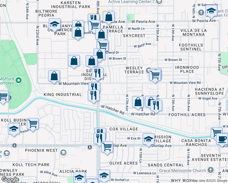 map of restaurants, bars, coffee shops, grocery stores, and more near 1809 West Mountain View Road in Phoenix