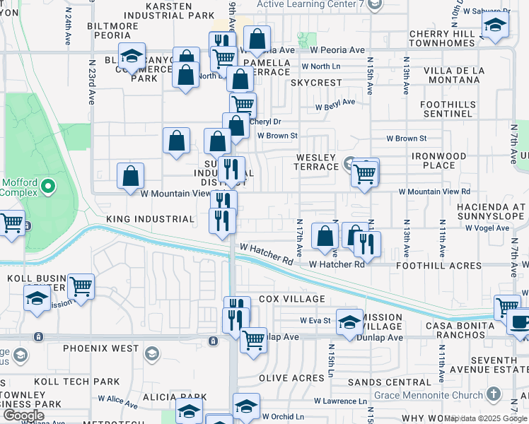 map of restaurants, bars, coffee shops, grocery stores, and more near 1809 West Mountain View Road in Phoenix