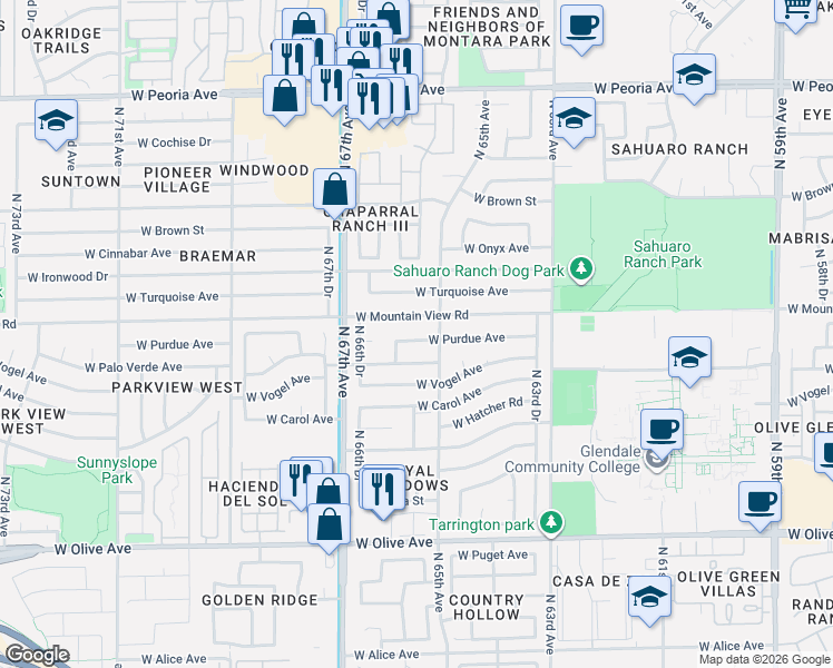 map of restaurants, bars, coffee shops, grocery stores, and more near 6515 West Mountain View Road in Glendale
