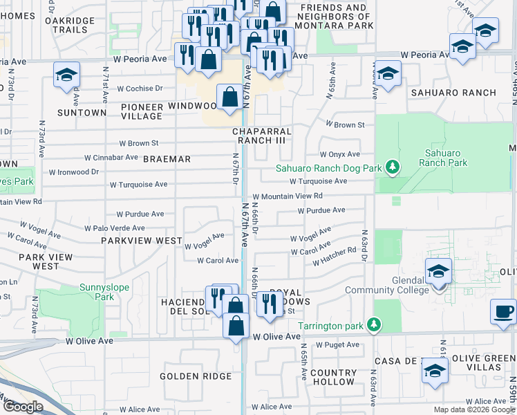map of restaurants, bars, coffee shops, grocery stores, and more near 6602 West Mountain View Road in Glendale