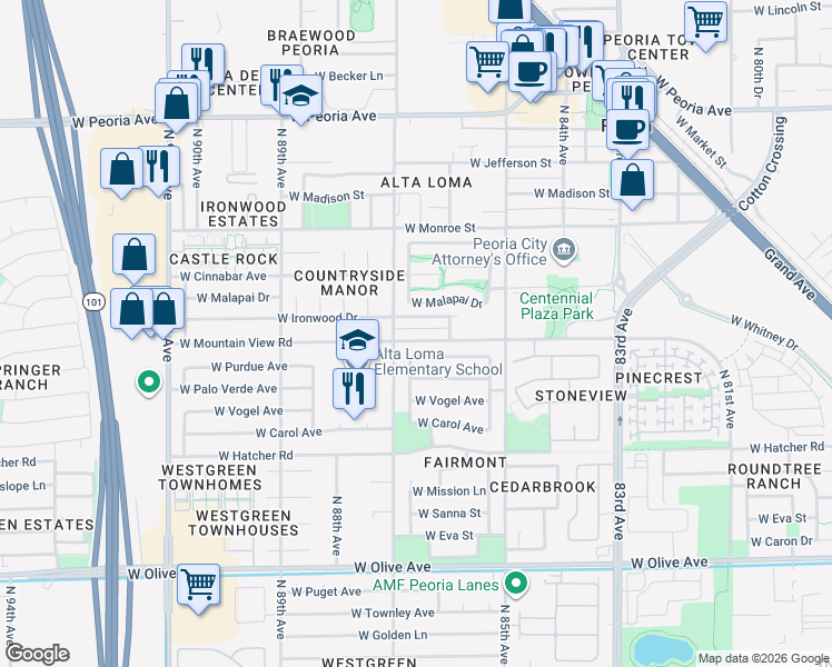 map of restaurants, bars, coffee shops, grocery stores, and more near 8629 West Malapai Drive in Peoria