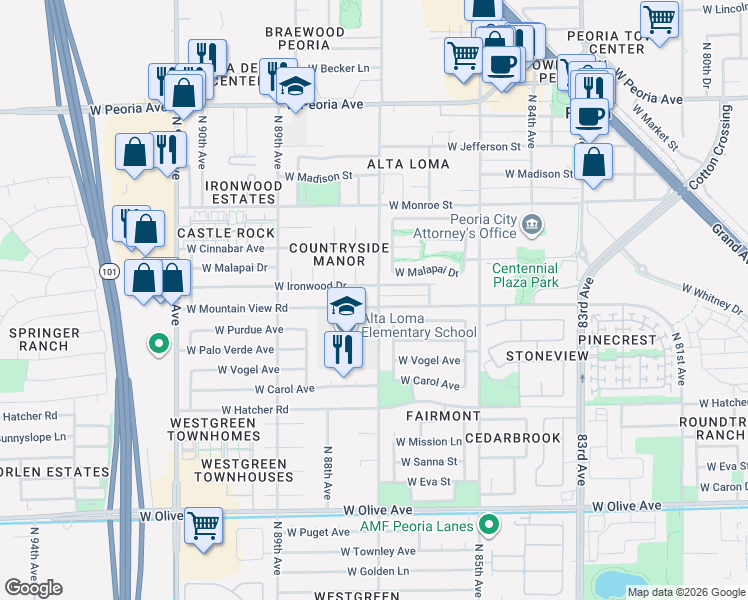 map of restaurants, bars, coffee shops, grocery stores, and more near 9900 North 87th Avenue in Peoria