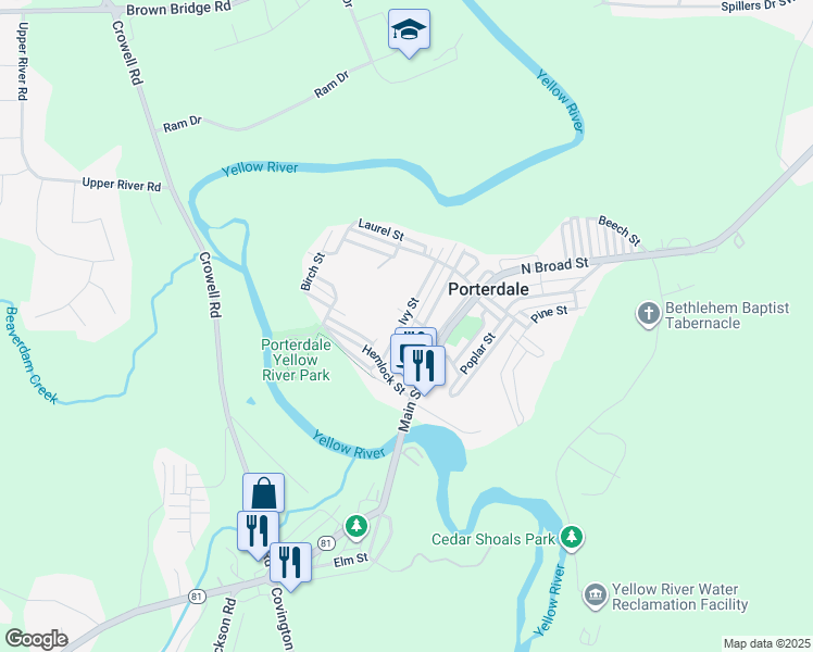 map of restaurants, bars, coffee shops, grocery stores, and more near 30 Ivy Street in Porterdale