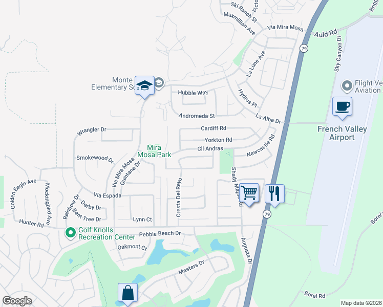 map of restaurants, bars, coffee shops, grocery stores, and more near 29616 Baker Lane in Murrieta