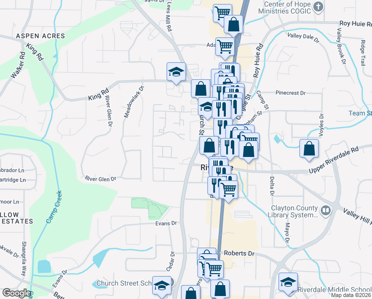 map of restaurants, bars, coffee shops, grocery stores, and more near 6611 Church St in Riverdale