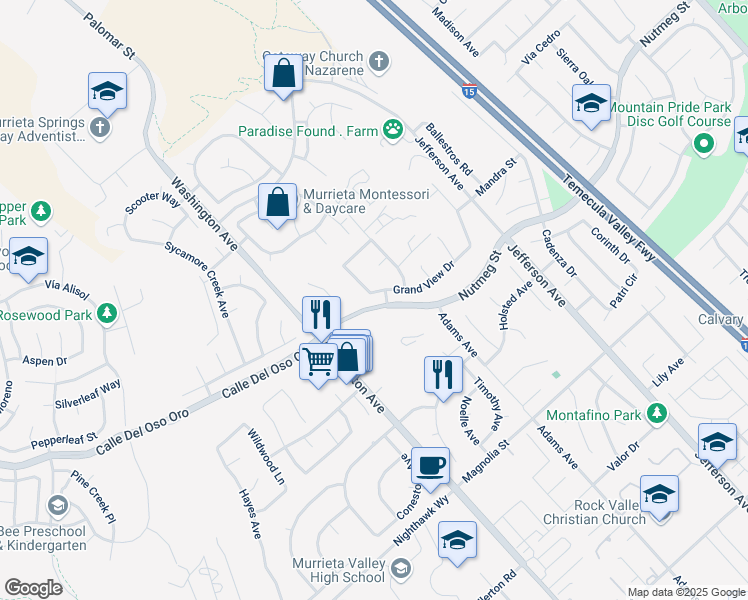 map of restaurants, bars, coffee shops, grocery stores, and more near 41702 Grand View Drive in Murrieta